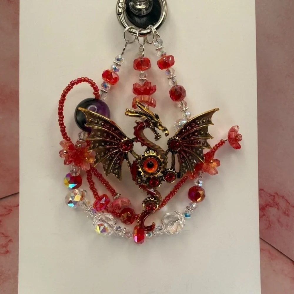Dragon Red Crystal Beaded Fantasy Phone Wristlet Charm Keychain Premium